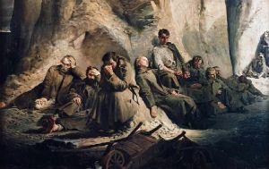Reprodukcja Niedziela w kopalni. Zesłańcy odpoczywają po ciężkiej pracy. Jacek Malczewski