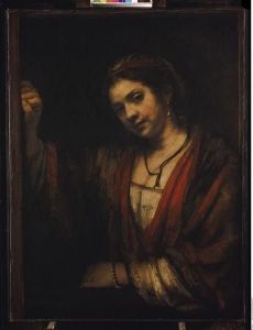 Reprodukcja Junge Frau an geöffneter Obertür (Hendrickje Stoffels) Rembrandt