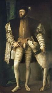 Reprodukcja The Emperor Charles V with his dog 1532 1533 Tiziano Vecello (Tycjan)