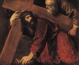 Reprodukcja Jesus and the Cyrenian 1565 Tiziano Vecello (Tycjan)