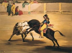Reprodukcja The same Mariano Ceballos mounted on a bull breaks short spears in the ring at Madrid 18